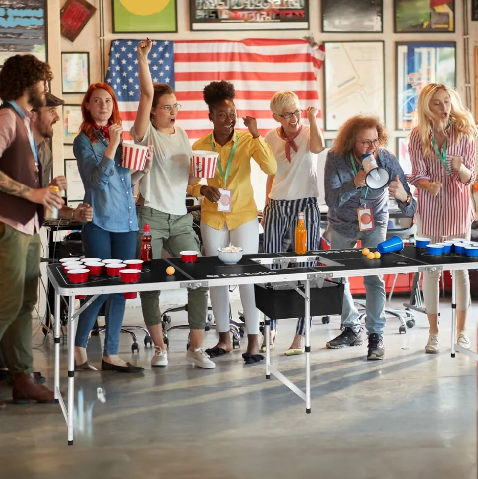 tectake® Aluminium Bierpongtisch, mit Eisfach, klappbar, bodenschonende Kunststofffüße, inklusive 100 Bechern und 6 Bällen