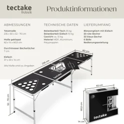 tectake® Aluminium Bierpongtisch, mit Eisfach, klappbar, bodenschonende Kunststofffüße, inklusive 100 Bechern und 6 Bällen