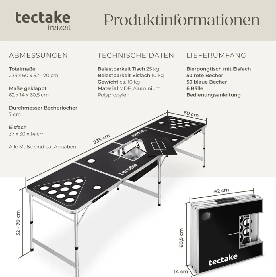 tectake® Aluminium Bierpongtisch, mit Eisfach, klappbar, bodenschonende Kunststofffüße, inklusive 100 Bechern und 6 Bällen