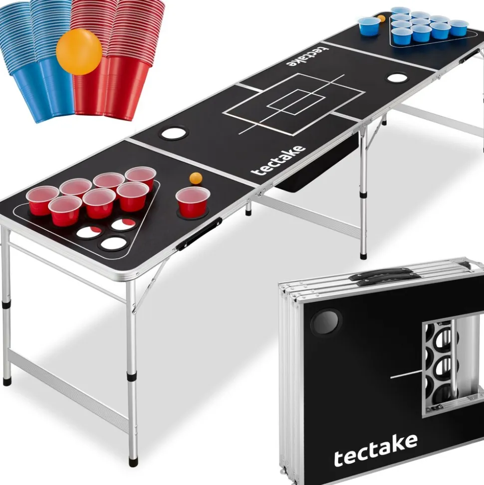 tectake® Aluminium Bierpongtisch, mit Eisfach, klappbar, bodenschonende Kunststofffüße, inklusive 100 Bechern und 6 Bällen