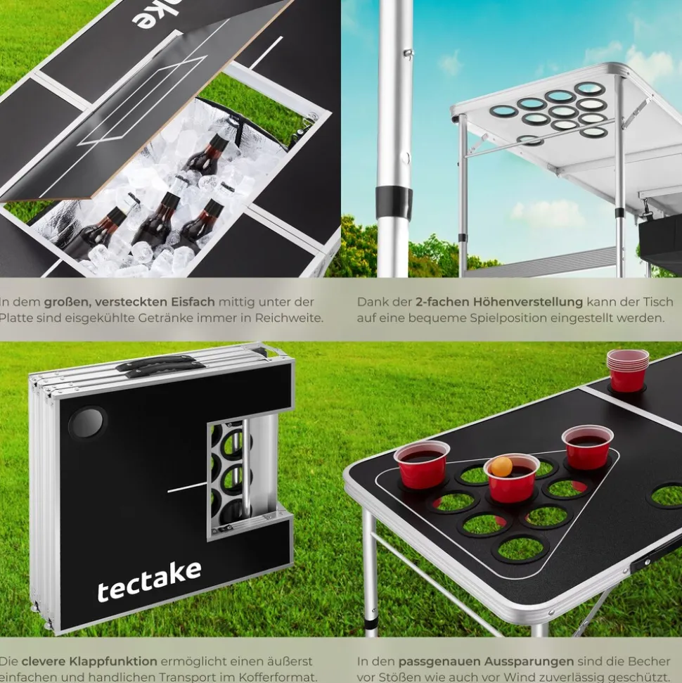 tectake® Aluminium Bierpongtisch, mit Eisfach, klappbar, bodenschonende Kunststofffüße, inklusive 100 Bechern und 6 Bällen