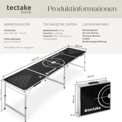 tectake® Aluminium Bierpongtisch, klappbar, bodenschonende Kunststofffüße, inklusive 100 Bechern und 6 Bällen