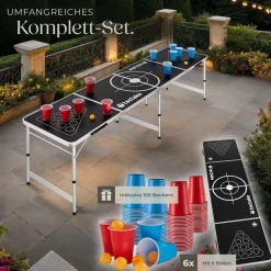 tectake® Aluminium Bierpongtisch, klappbar, bodenschonende Kunststofffüße, inklusive 100 Bechern und 6 Bällen