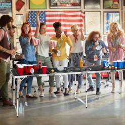 tectake® Aluminium Bierpongtisch, klappbar, bodenschonende Kunststofffüße, inklusive 100 Bechern und 6 Bällen