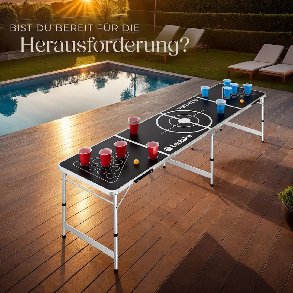 tectake® Aluminium Bierpongtisch, klappbar, bodenschonende Kunststofffüße, inklusive 100 Bechern und 6 Bällen