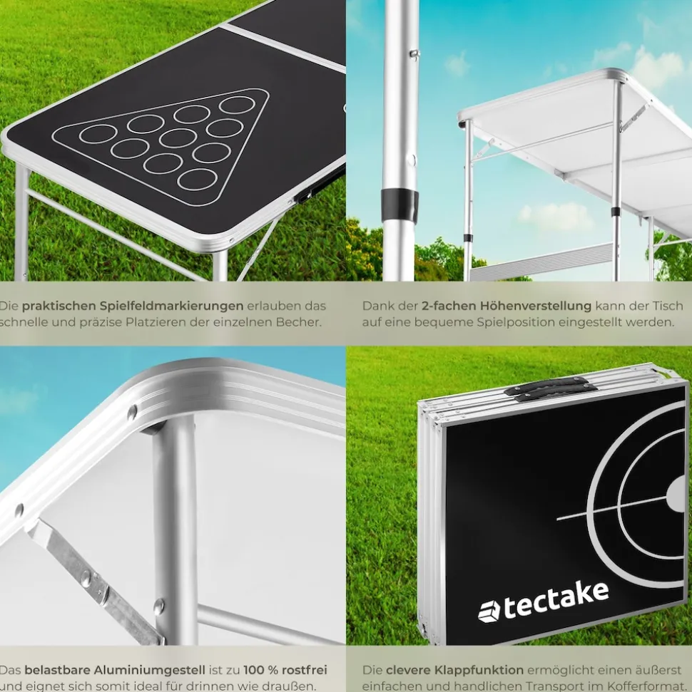 tectake® Aluminium Bierpongtisch, klappbar, bodenschonende Kunststofffüße, inklusive 100 Bechern und 6 Bällen