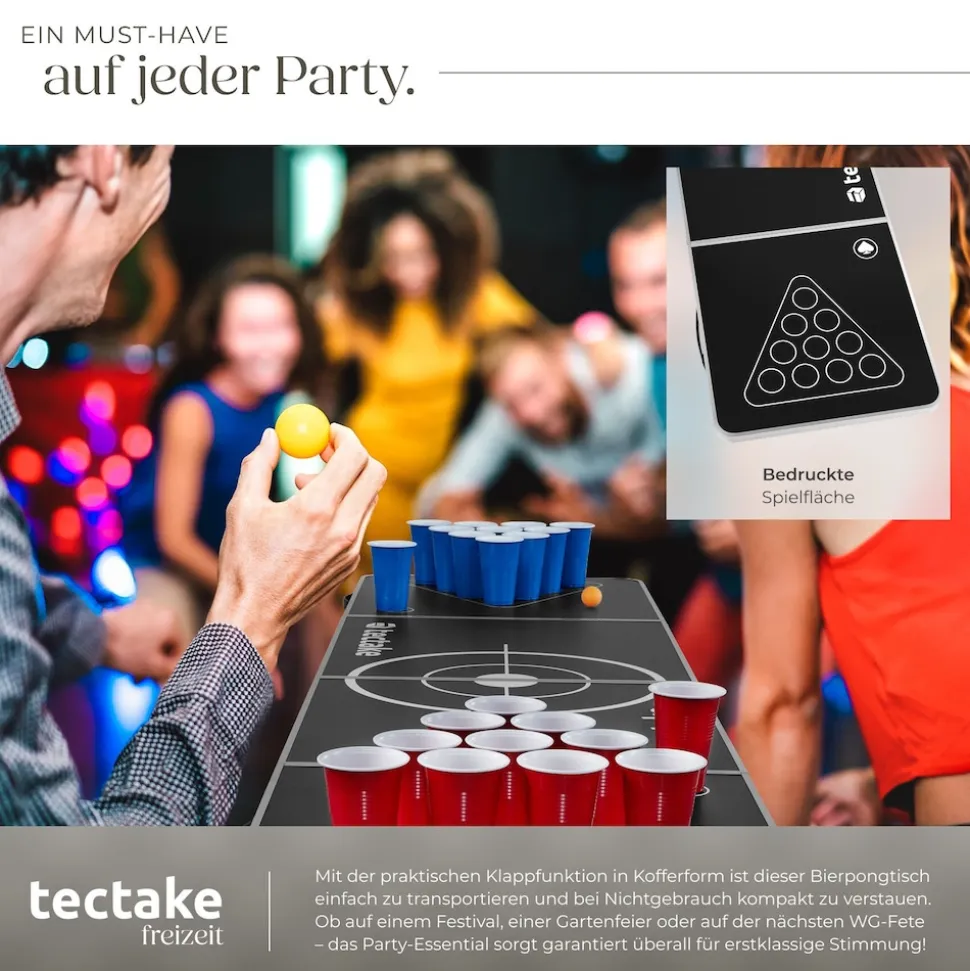 tectake® Aluminium Bierpongtisch, klappbar, bodenschonende Kunststofffüße, inklusive 100 Bechern und 6 Bällen