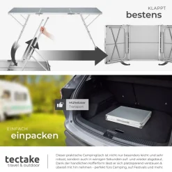 tectake® Aluminium Campingtisch, klappbar, bodenschonende, höhenverstellbare Füße, 180 x 70 x 70,5 cm