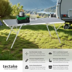 tectake® Aluminium Campingtisch, klappbar, bodenschonende, höhenverstellbare Füße, 180 x 70 x 70,5 cm