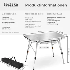 tectake® Aluminium Campingtisch, faltbar, höhenverstellbar, 90 x 52 x 47 - 70 cm