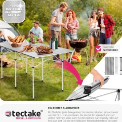tectake® Aluminium Campingtisch, klappbar, bodenschonende Kunststoffkappen, 140 x 70 x 70 cm
