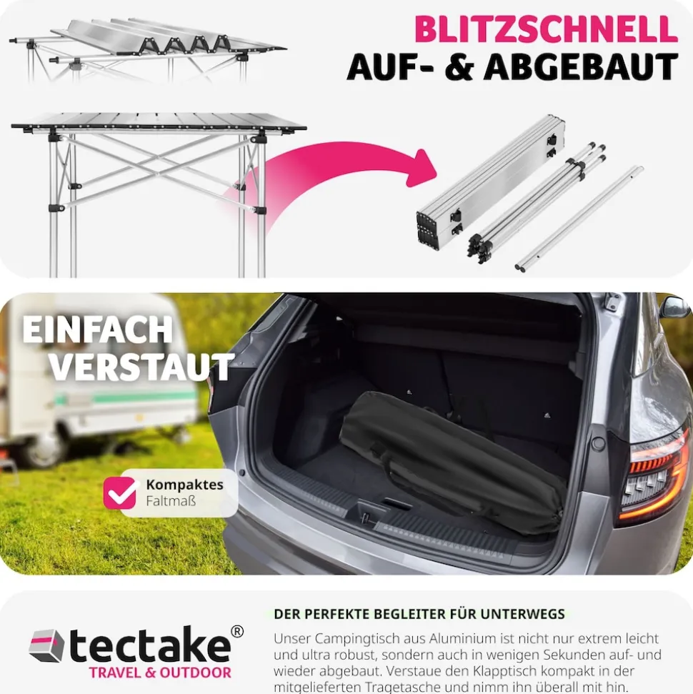 tectake® Aluminium Campingtisch, klappbar, bodenschonende Kunststoffkappen, mit Tragetasche, 70 x 70 x 70 cm