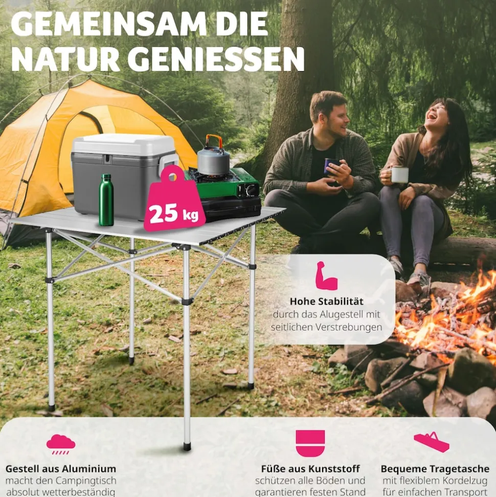 tectake® Aluminium Campingtisch, klappbar, bodenschonende Kunststoffkappen, mit Tragetasche, 70 x 70 x 70 cm