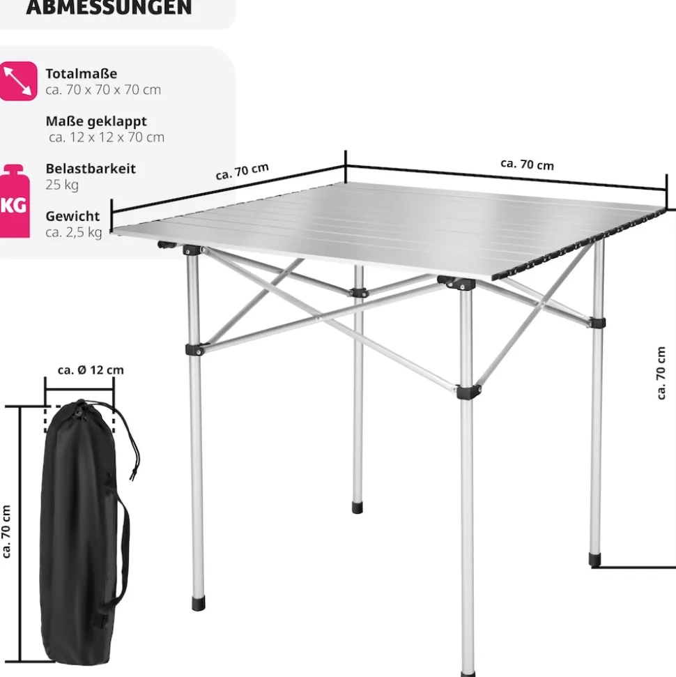 tectake® Aluminium Campingtisch, klappbar, bodenschonende Kunststoffkappen, mit Tragetasche, 70 x 70 x 70 cm