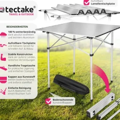 tectake® Aluminium Campingtisch, klappbar, bodenschonende Kunststoffkappen, mit Tragetasche, 70 x 70 x 70 cm