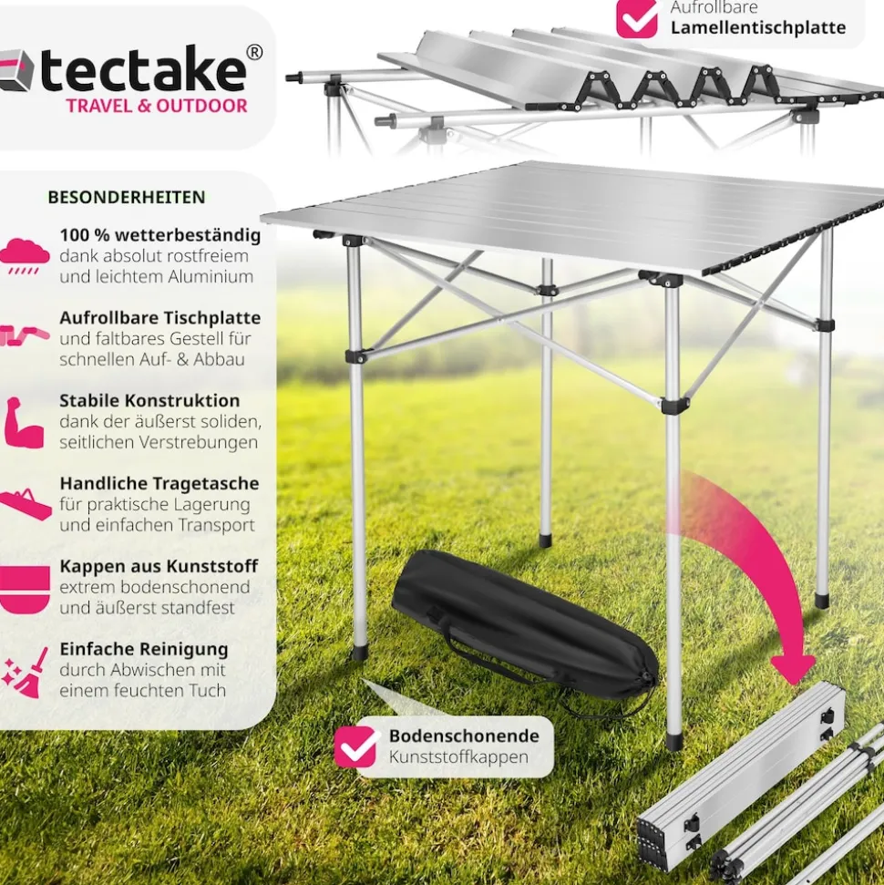 tectake® Aluminium Campingtisch, klappbar, bodenschonende Kunststoffkappen, mit Tragetasche, 70 x 70 x 70 cm