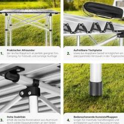 tectake® Aluminium Campingtisch, klappbar, bodenschonende Kunststoffkappen, mit Tragetasche, 70 x 70 x 70 cm