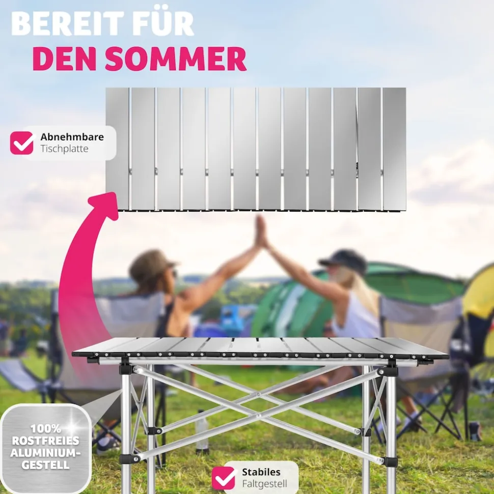 tectake® Aluminium Campingtisch, klappbar, bodenschonende Kunststoffkappen, mit Tragetasche, 70 x 70 x 70 cm