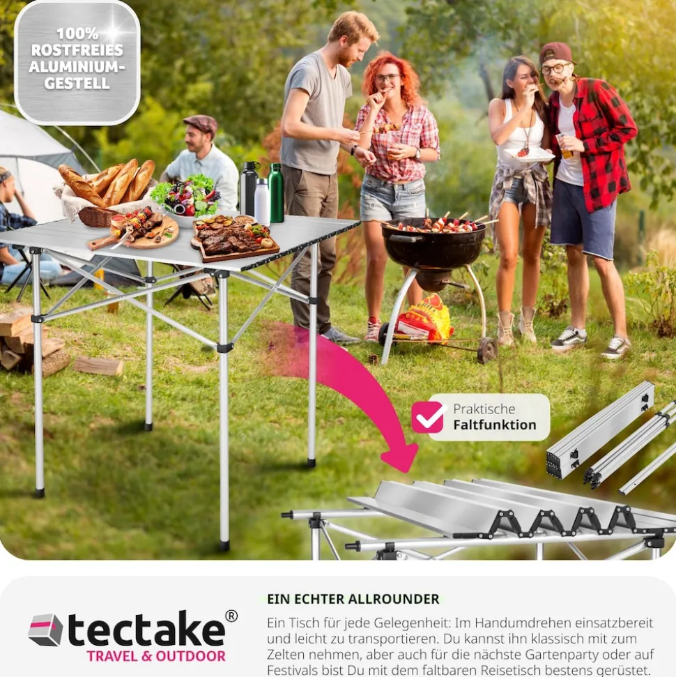 tectake® Aluminium Campingtisch, klappbar, bodenschonende Kunststoffkappen, mit Tragetasche, 70 x 70 x 70 cm