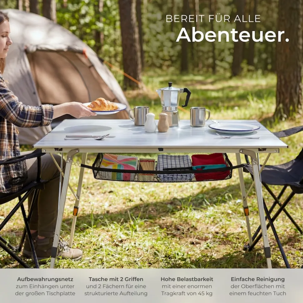 tectake® Aluminium Campingtisch, faltbar, höhenverstellbar, 120 x 70,5 x 58 – 79 cm