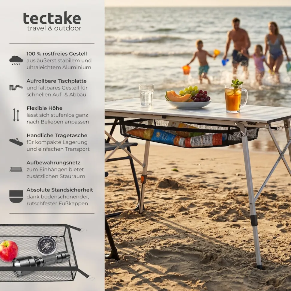 tectake® Aluminium Campingtisch, faltbar, höhenverstellbar, 120 x 70,5 x 58 – 79 cm