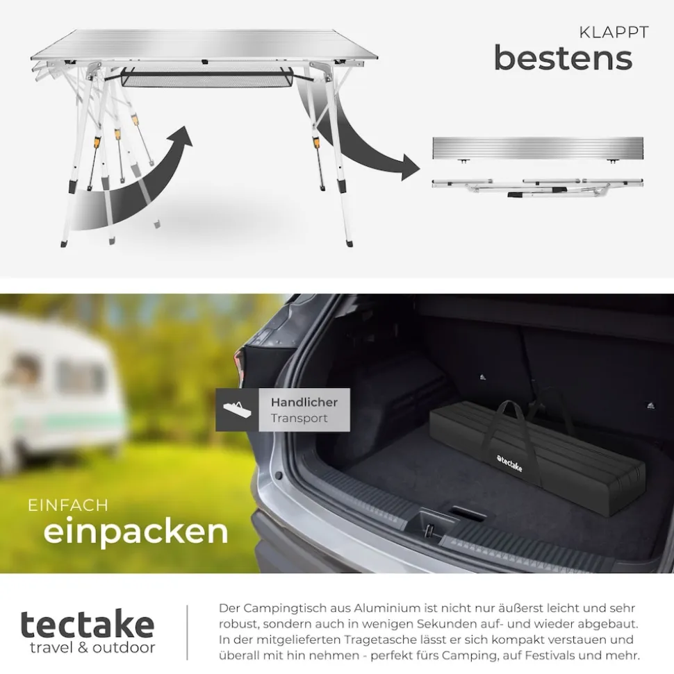 tectake® Aluminium Campingtisch, faltbar, höhenverstellbar, 120 x 70,5 x 58 – 79 cm