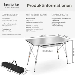 tectake® Aluminium Campingtisch, faltbar, höhenverstellbar, 120 x 70,5 x 58 – 79 cm
