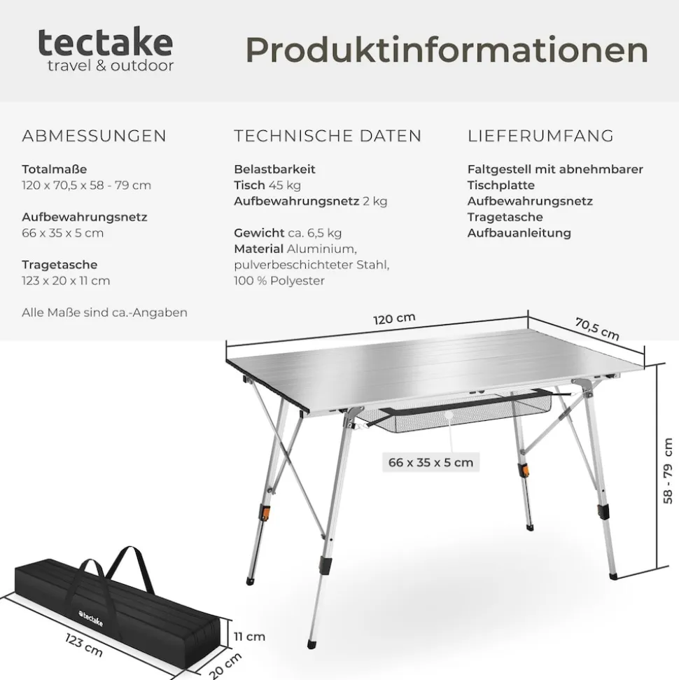 tectake® Aluminium Campingtisch, faltbar, höhenverstellbar, 120 x 70,5 x 58 – 79 cm