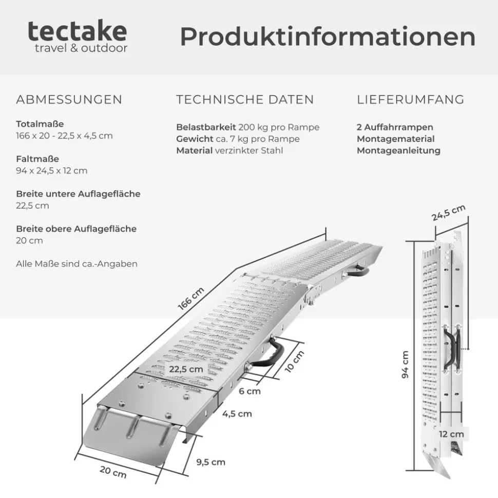 tectake® Auffahrrampen, 2er Set, aus verzinktem Stahl, Belastbarkeit 400 kg, 200 kg pro Rampe