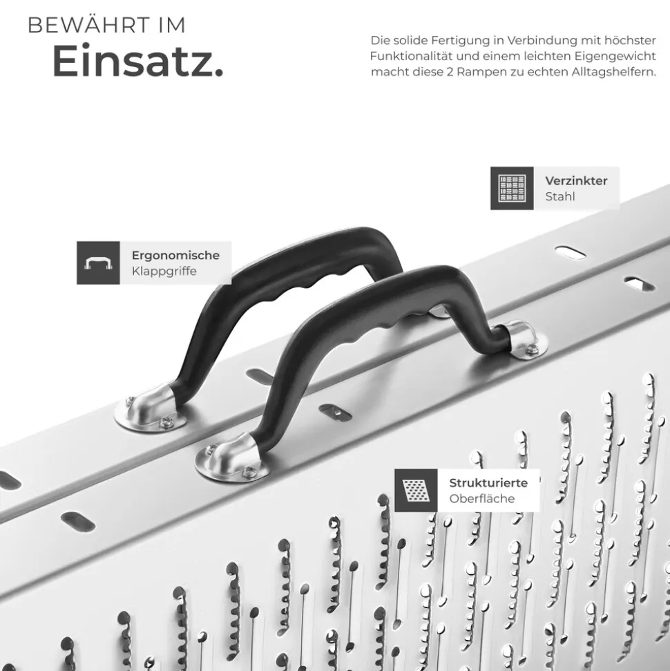 tectake® Auffahrrampen, 2er Set, aus verzinktem Stahl, Belastbarkeit 400 kg, 200 kg pro Rampe