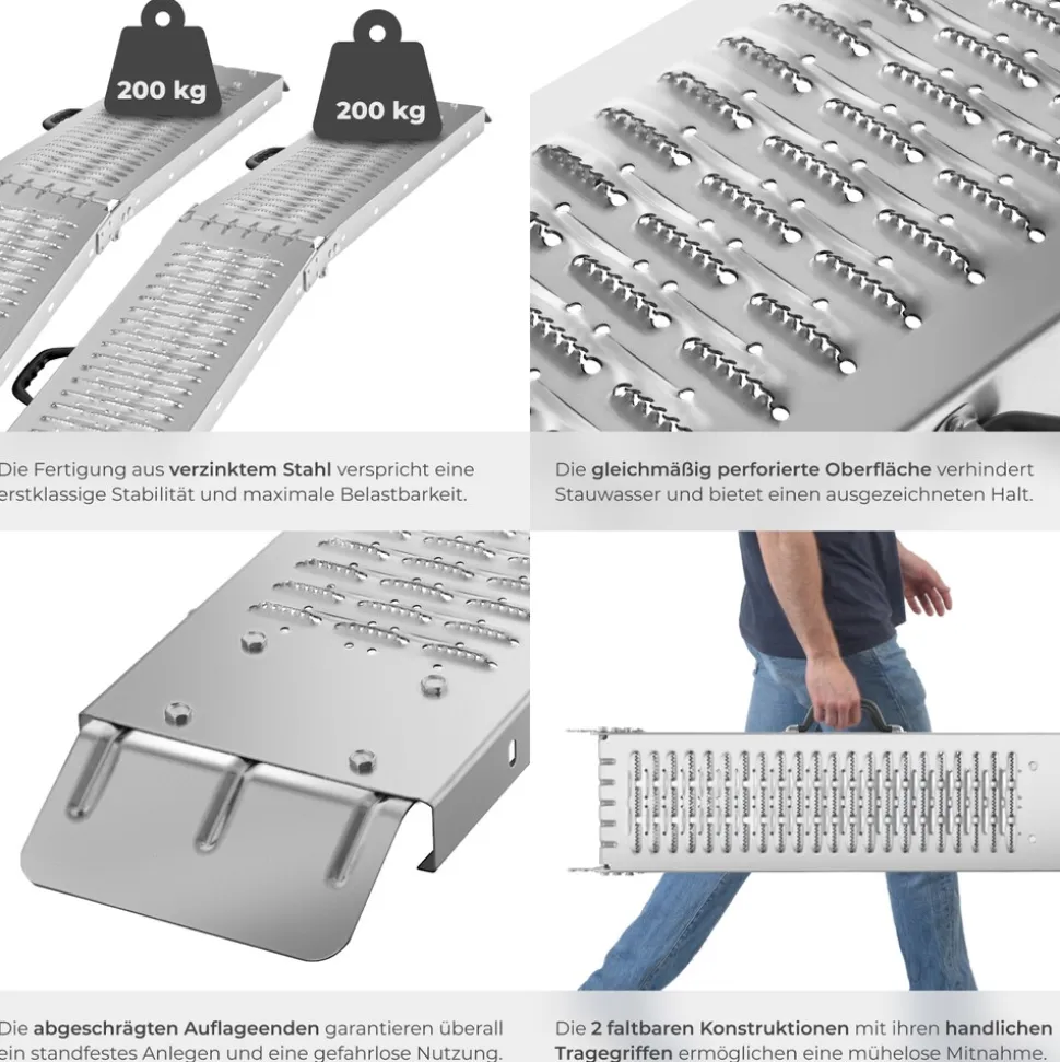 tectake® Auffahrrampen, 2er Set, aus verzinktem Stahl, Belastbarkeit 400 kg, 200 kg pro Rampe