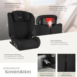 tectake® Autositz, i-Size Zulassung, ISOFIX-Installation, mit Seitenaufprallschutz, extra dicke Polsterung, von 100 bis 150 cm, Belastbarkeit 36 kg