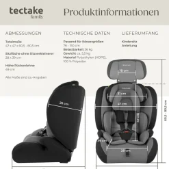 tectake® Autositz, i-Size Zulassung, mit Seitenaufprallschutz, längenverstellbarer 5-Punkt-Gurt, höhenverstellbare Kopfstütze, von 76 bis 150 cm, Belastbarkeit 36 kg