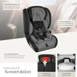 tectake® Autositz, i-Size Zulassung, mit Seitenaufprallschutz, längenverstellbarer 5-Punkt-Gurt, höhenverstellbare Kopfstütze, von 76 bis 150 cm, Belastbarkeit 36 kg