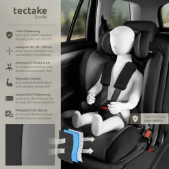 tectake® Autositz, i-Size Zulassung, mit Seitenaufprallschutz, längenverstellbarer 5-Punkt-Gurt, höhenverstellbare Kopfstütze, von 76 bis 150 cm, Belastbarkeit 36 kg