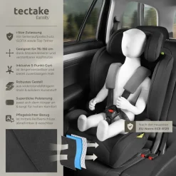 tectake® Autositz, i-Size Zulassung, ISOFIX-Installation und Top Tether, mit Seitenaufprallschutz, längenverstellbarer 5-Punkt-Gurt, 8-fach höhenverstellbare Kopfstütze, ab 15 Monaten von 76 bis 150 cm, Belastbarkeit 36 kg