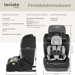 tectake® Autositz, i-Size Zulassung, ISOFIX-Installation und Top Tether, mit Seitenaufprallschutz, längenverstellbarer 5-Punkt-Gurt, 8-fach höhenverstellbare Kopfstütze, ab 15 Monaten von 76 bis 150 cm, Belastbarkeit 36 kg