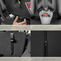 tectake® Autositz, i-Size Zulassung, ISOFIX-Installation und Top Tether, mit Seitenaufprallschutz, längenverstellbarer 5-Punkt-Gurt, 8-fach höhenverstellbare Kopfstütze, ab 15 Monaten von 76 bis 150 cm, Belastbarkeit 36 kg