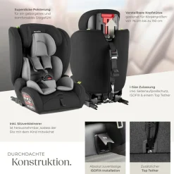 tectake® Autositz, i-Size Zulassung, ISOFIX-Installation und Top Tether, mit Seitenaufprallschutz, längenverstellbarer 5-Punkt-Gurt, 8-fach höhenverstellbare Kopfstütze, ab 15 Monaten von 76 bis 150 cm, Belastbarkeit 36 kg