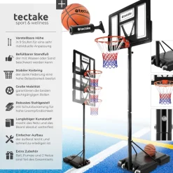 tectake® Basketballkorb, Outdoor, verstellbare Korbhöhe 230 - 305 cm, mit Rollen, inklusive Ball, Pumpe und 2 Netze