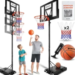 tectake® Basketballkorb, Outdoor, verstellbare Korbhöhe 230 - 305 cm, mit Rollen, inklusive Ball, Pumpe und 2 Netze