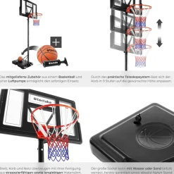 tectake® Basketballkorb, Outdoor, verstellbare Korbhöhe 230 - 305 cm, mit Rollen, inklusive Ball, Pumpe und 2 Netze