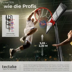 tectake® Basketballkorb, Outdoor, verstellbare Korbhöhe 230 - 305 cm, mit Rollen, inklusive Ball, Pumpe und 2 Netze