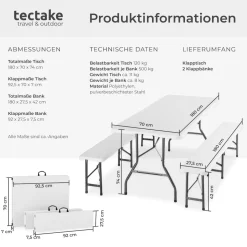tectake® Bierzeltgarnitur, klappbar, wetterfest, bis zu 8 Personen, gummierte Tragegriffe