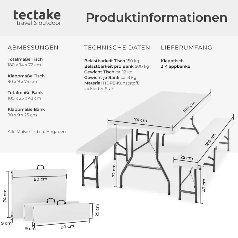tectake® Bierzeltgarnitur, klappbar, hohe Belastbarkeit, mit Tragegriffen