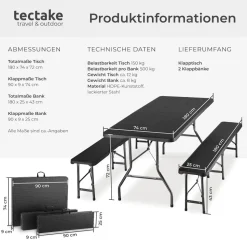 tectake® Bierzeltgarnitur, klappbar, hohe Belastbarkeit, mit Tragegriffen
