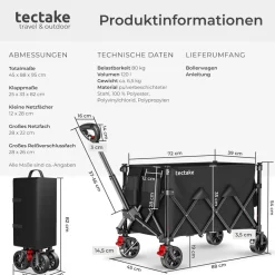 tectake® Bollerwagen, faltbar, abnehmbare Plane aus Oxford-Gewebe mit 3 Netztaschen und Reißverschlussfach, inklusive Einlegeboden, Belastbarkeit 80 kg