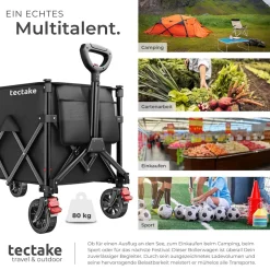 tectake® Bollerwagen, faltbar, abnehmbare Plane aus Oxford-Gewebe mit 3 Netztaschen und Reißverschlussfach, inklusive Einlegeboden, Belastbarkeit 80 kg