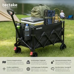 tectake® Bollerwagen, faltbar, abnehmbare Plane aus Oxford-Gewebe mit 3 Netztaschen und Reißverschlussfach, inklusive Einlegeboden, Belastbarkeit 80 kg