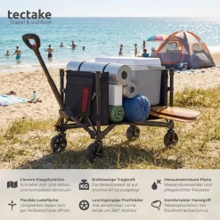 tectake® Bollerwagen, faltbar, abnehmbare Plane aus Oxford-Gewebe mit großer Netztasche und Innenfach, Inklusive Einlegeboden, Reflektorstreifen, Belastbarkeit 60 kg
